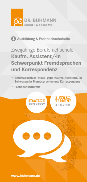 Titelblatt des Flyers "Zweijährige Berufsfachschule Kaufmännische/-r Assistent/-in Fremdsprachen und Korrespondenz"