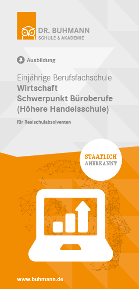 Titelblatt des Flyers "Einjährige Berufsfachschule Wirtschaft Schwerpunkt Büroberufe (Höhere Handelsschule)"